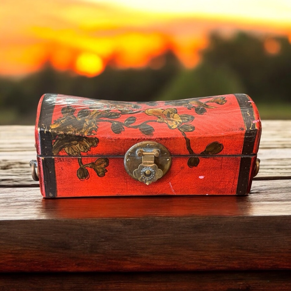 Beautiful Vintage Chinese Wood & Leather Pillow or Jewelry Treasure Box Lock